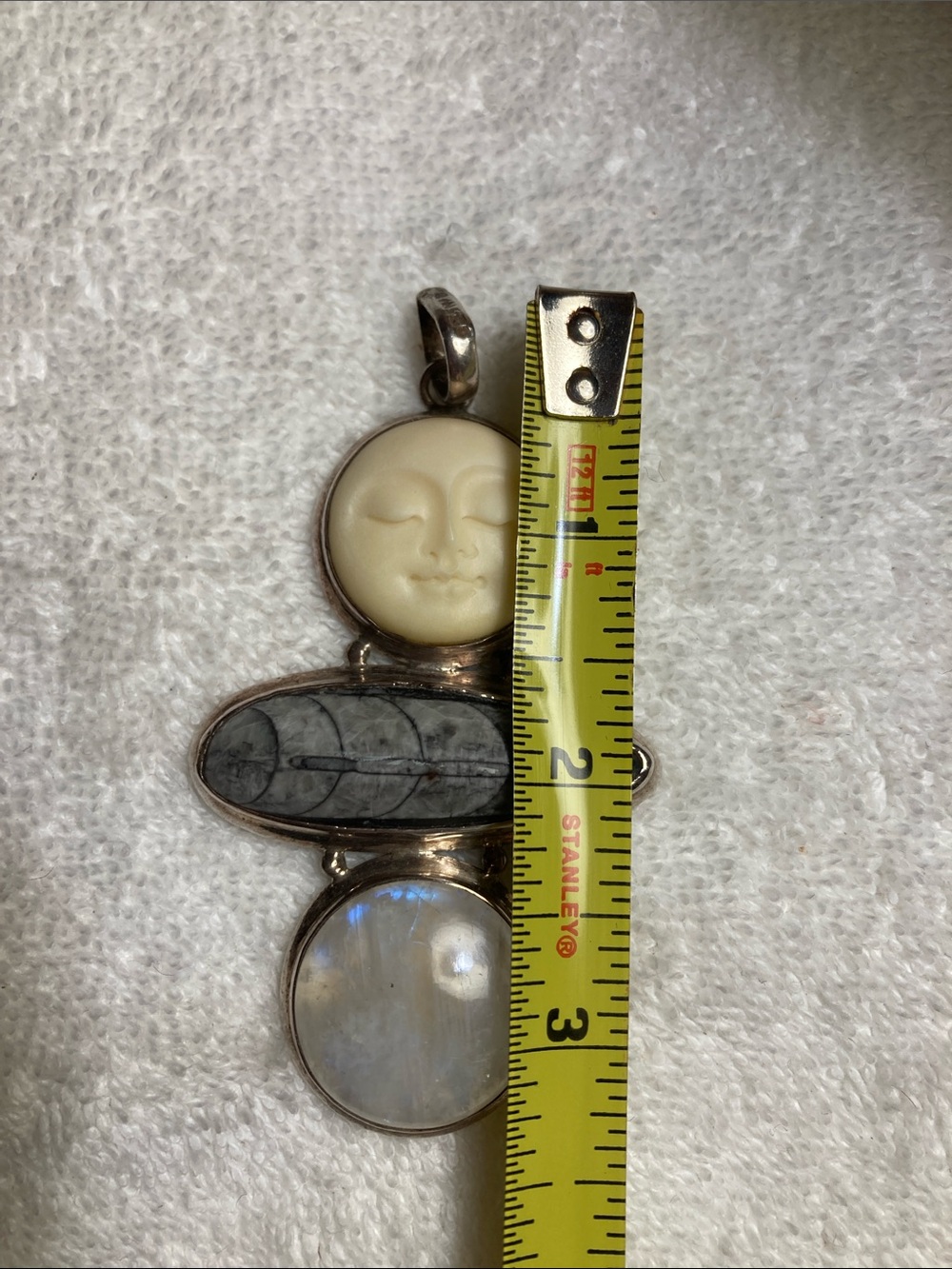 Sterling Silver Moon Face Pendant Necklace with Gray Stone and Cream Moon - Picture 7 of 8
